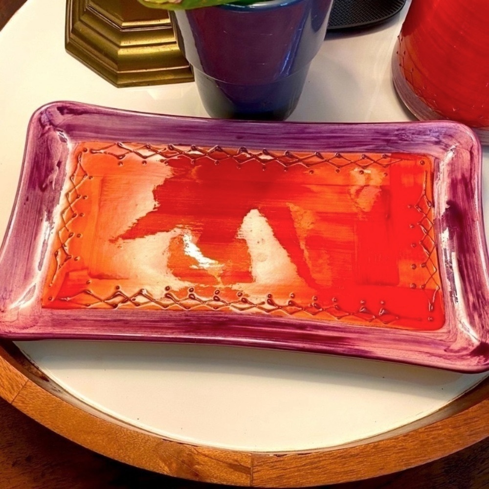 Artisan Handmade in France Ceramic Platter New Condition Red + Purple Vintage